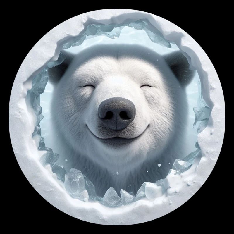 Laughing polar bear looking through hole of ice