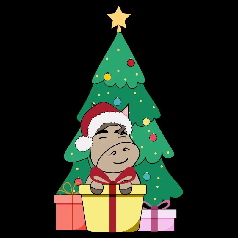 Cheval devant le sapin de Noël avec chapeau de Noël Merry