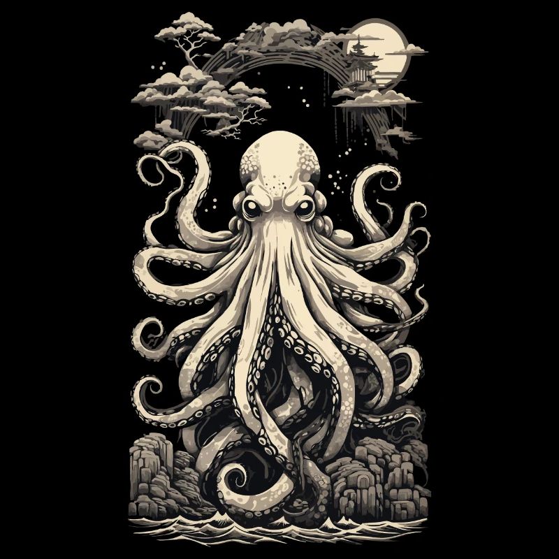 Retro Octopus Japanese Sea Depth Design Style