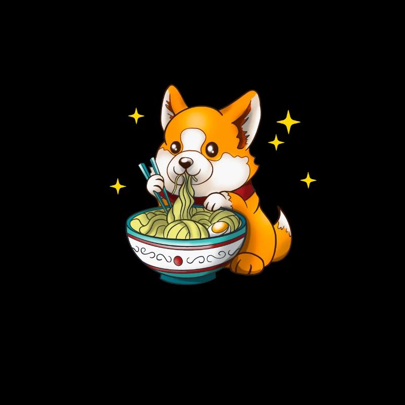 Cute Corgi Dog Eats Ramen Soup