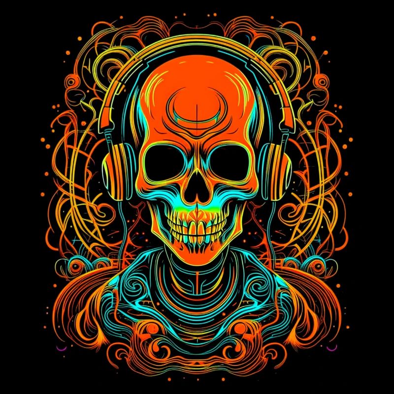 Skelett mit Kopfhörern