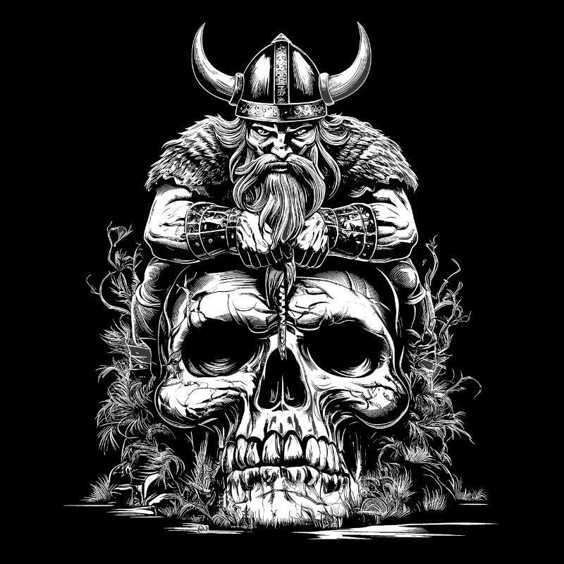 Wikingerkrieger mit Schwert sitzt auf Schädel