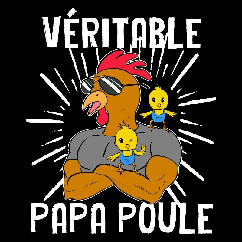 Véritable Papa Poule et deux Poussins