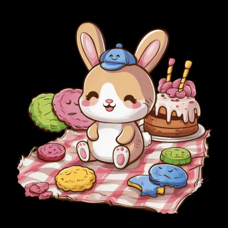 Dessin animé lapin kawaii avec des biscuits et un gâteau