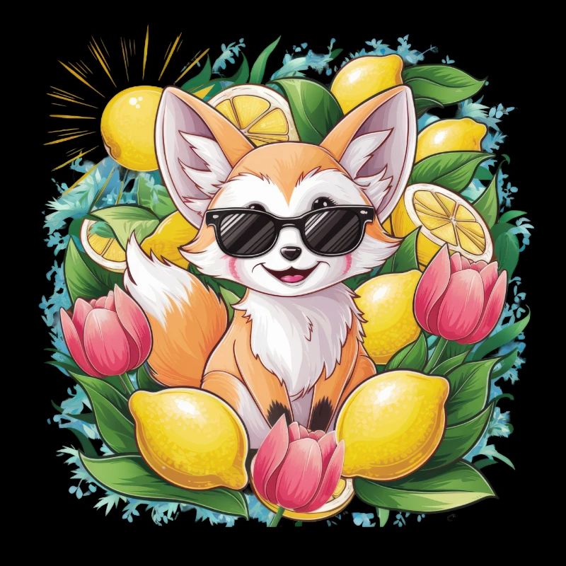 Fennec desert fox with tulips and lemons.