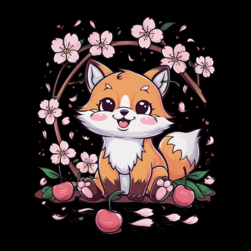 Kawaii Fox with Cherries and Sakura Cherry Blossoms