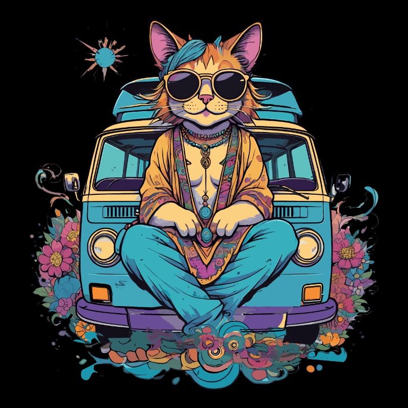 Chat hippie en vacances dans un van, humour