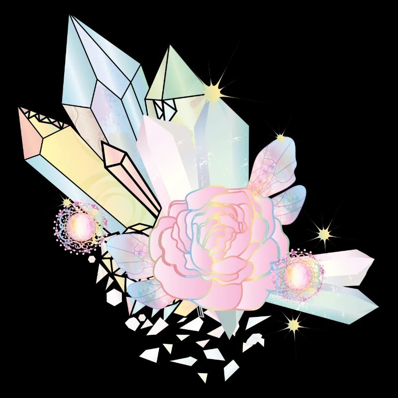cristaux irisés avec ailes elfiques et rose