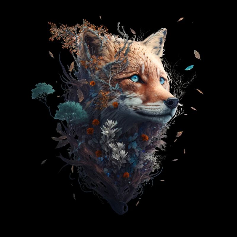Tête de renard abstraite dépassant d’une forêt
