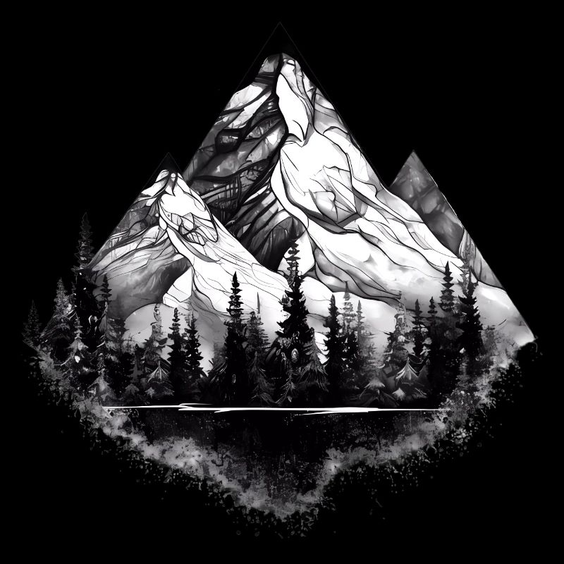 Black and white mountain landscape illustration