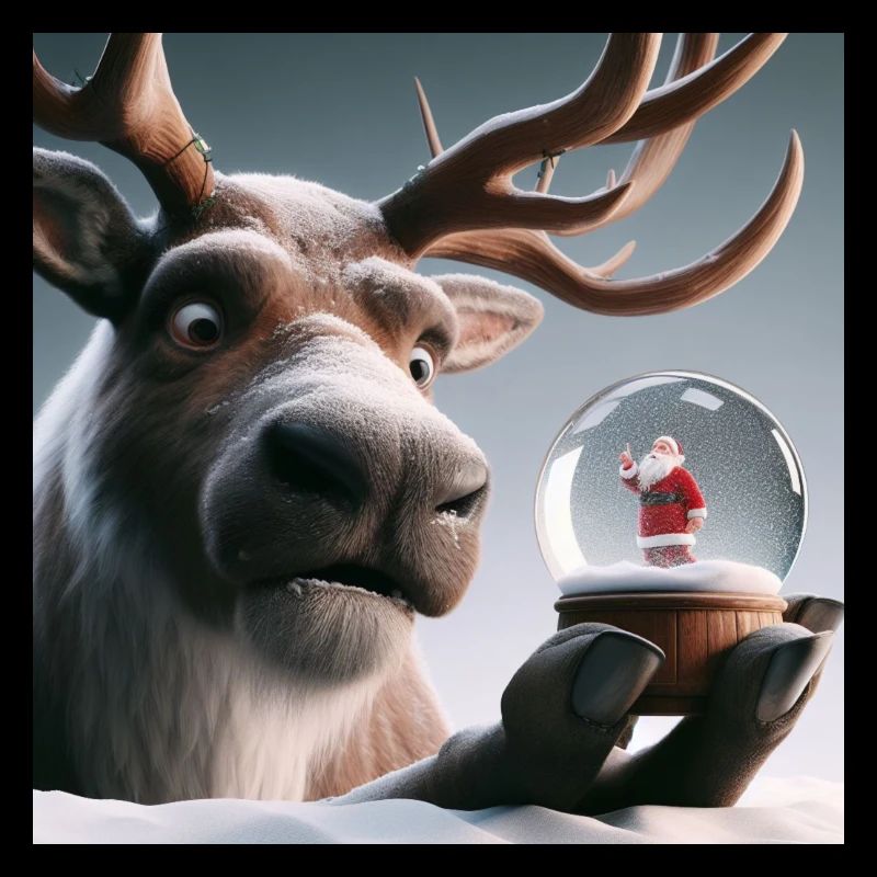 Rentier mit Weihnachtsmann in Schneekugel