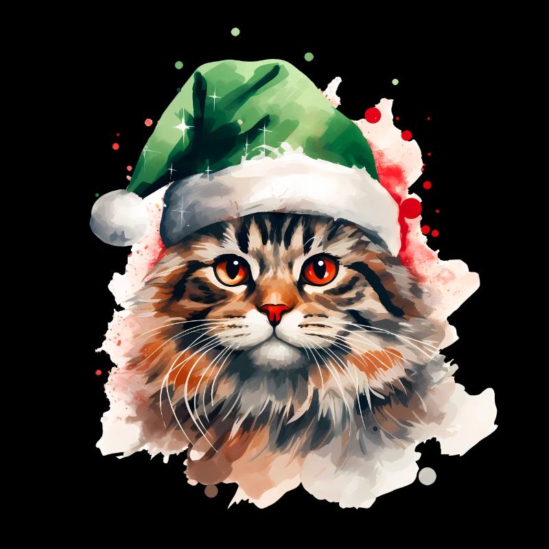 Aquarelle chat avec chapeau de père Noël vert