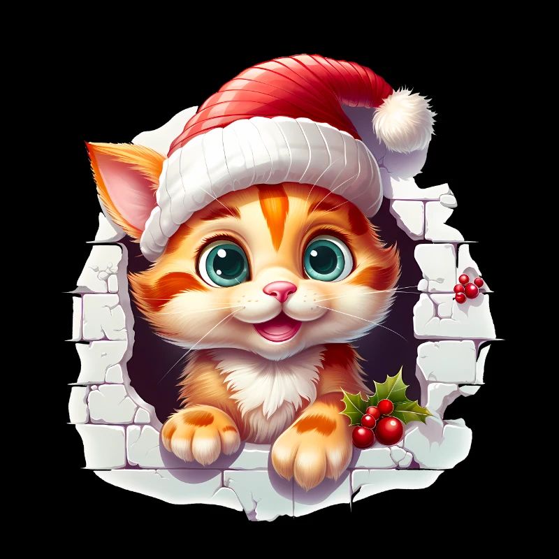 Chat avec chapeau de père Noël dans le trou dans le mur