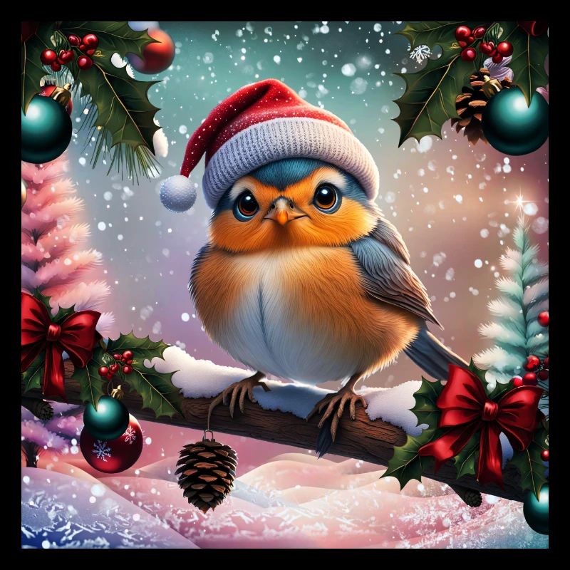 Cute Christmas bird sitting on a covered branch