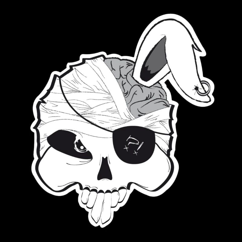 Pirate bunny skull with brain and rabbit ear