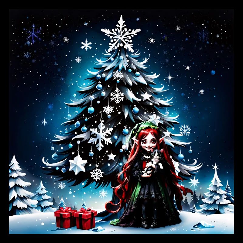 Weihnachtself mit Kätzchen.