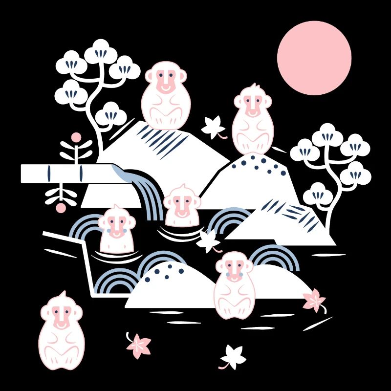 Chilling monkeys in a hot spring l white pink blue