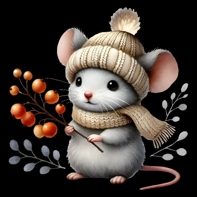souris mignonne avec un bonnet tricoté, une écharpe et des baies