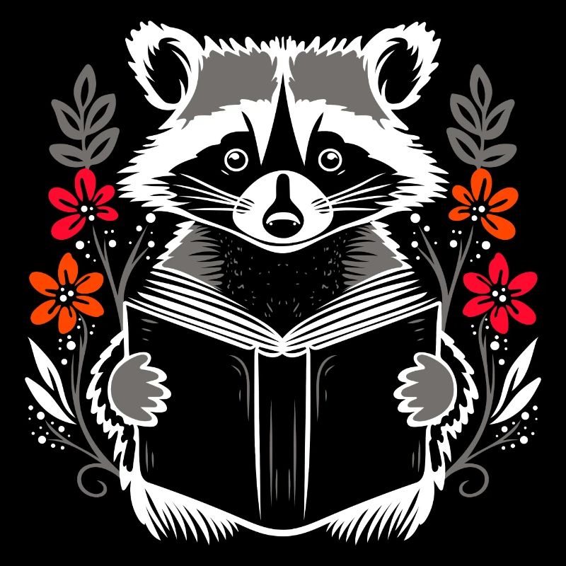 Lesender süßer Waschbär mit Buch und Blumen