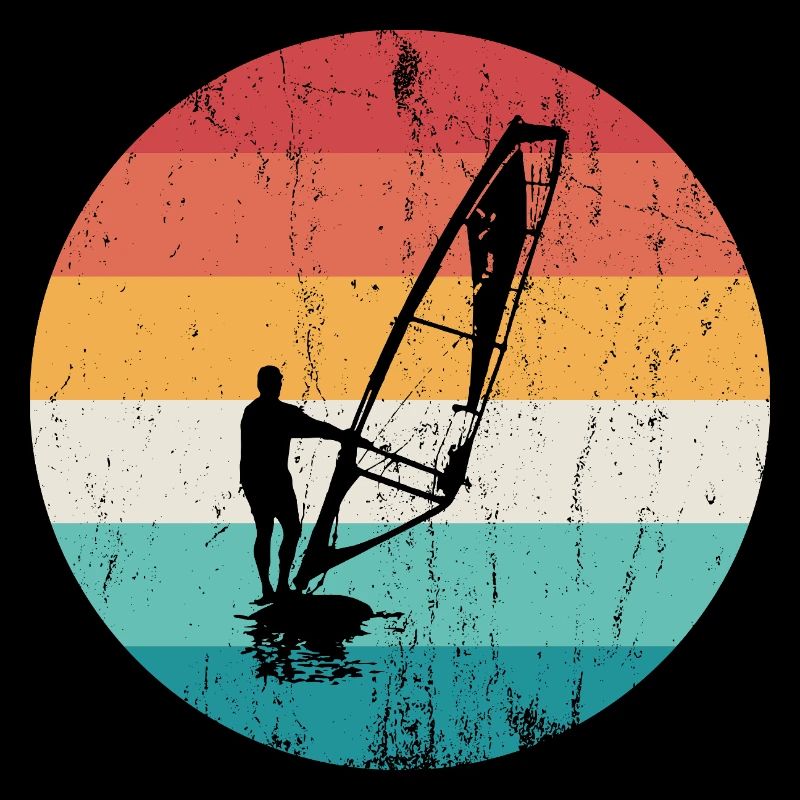 Silhouette rétro de windsurf sur rayures de coucher de soleil