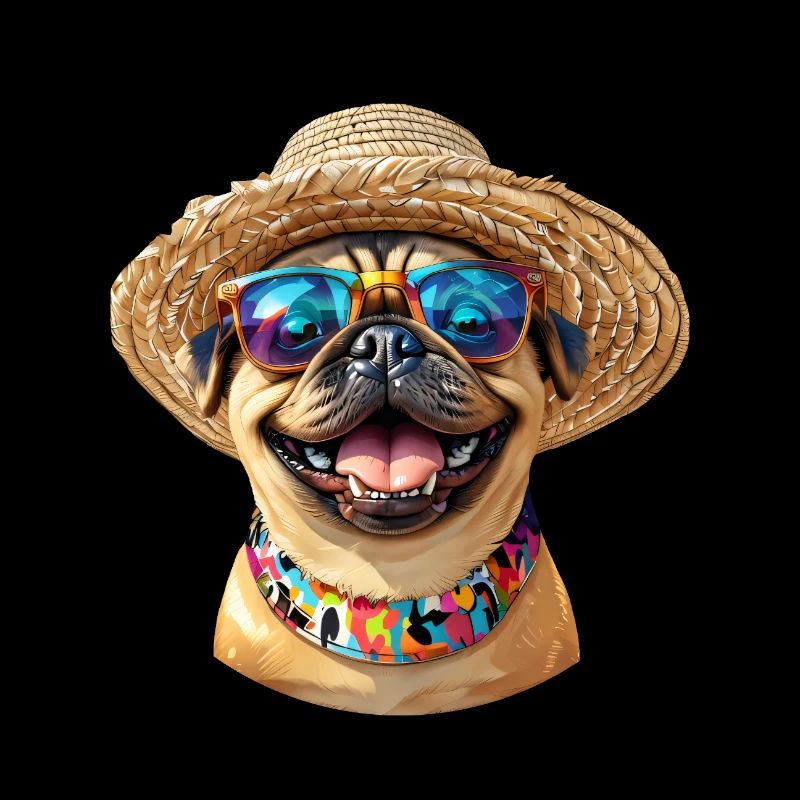 Fröhlicher Mops mit Sonnenbrille & Strohhut