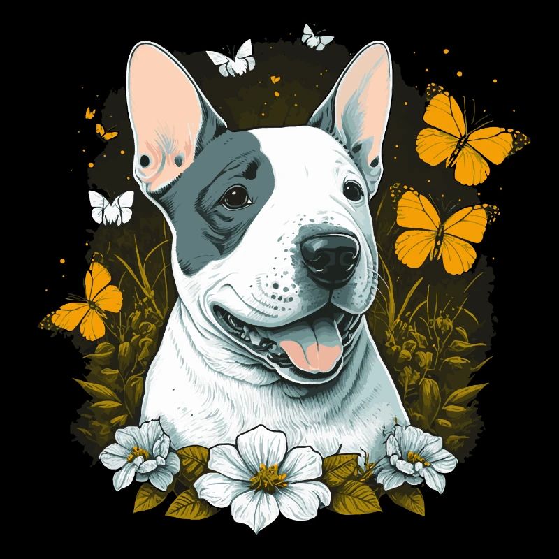Fröhlicher Bullterrier mit Blumen