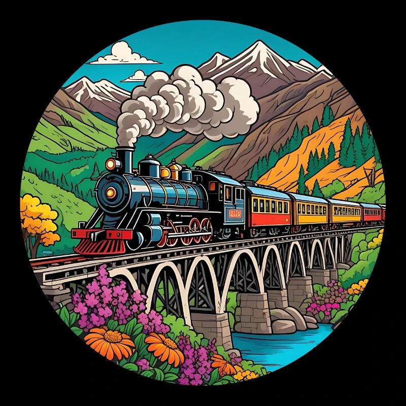 Bunter nostalgischer Eisenbahnzug mit Dampflok