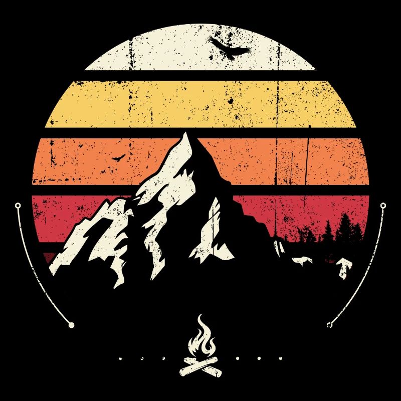 Retro Mountain Sunset Campfire