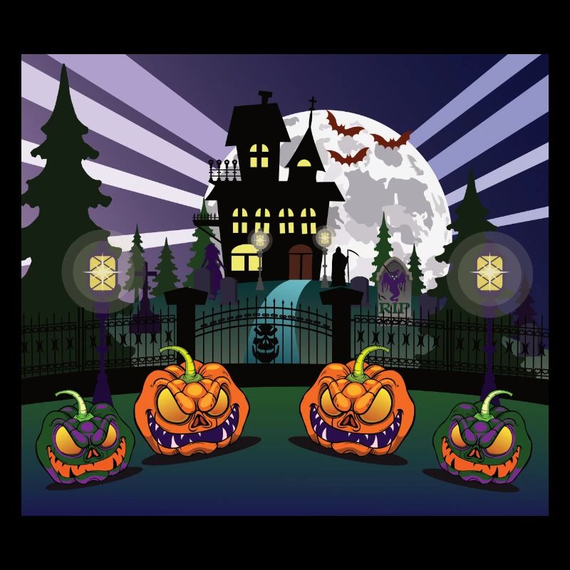 Haunted mansion with a cemetery on Halloween night.