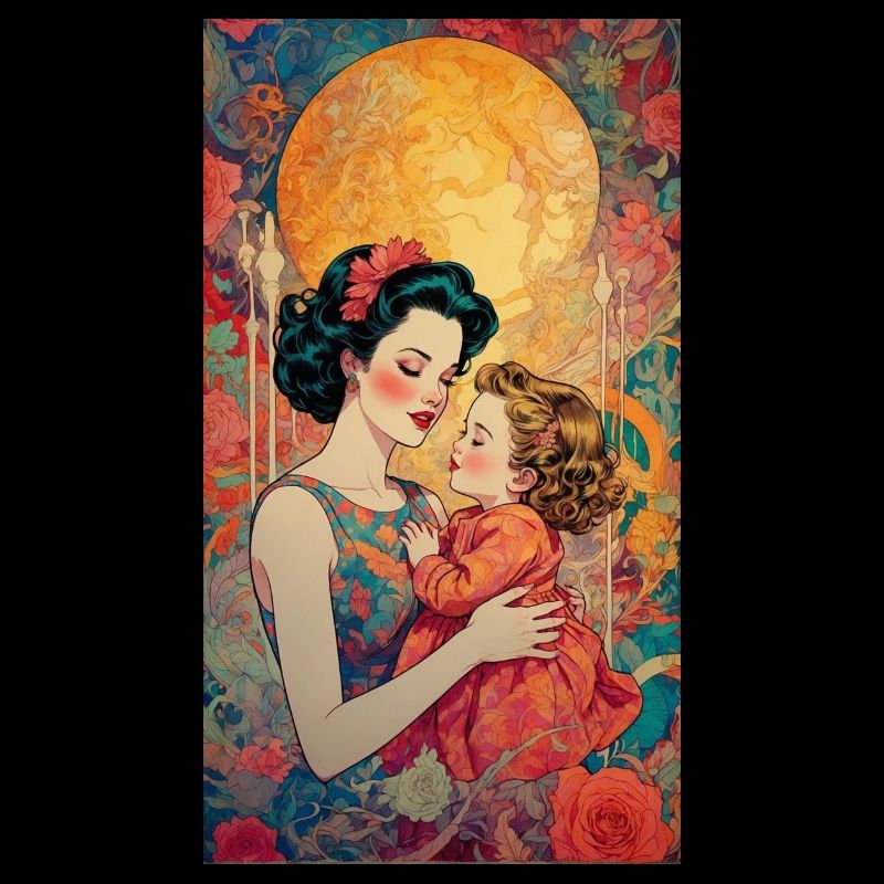 Mère avec enfant devant la lune - Retro 50s