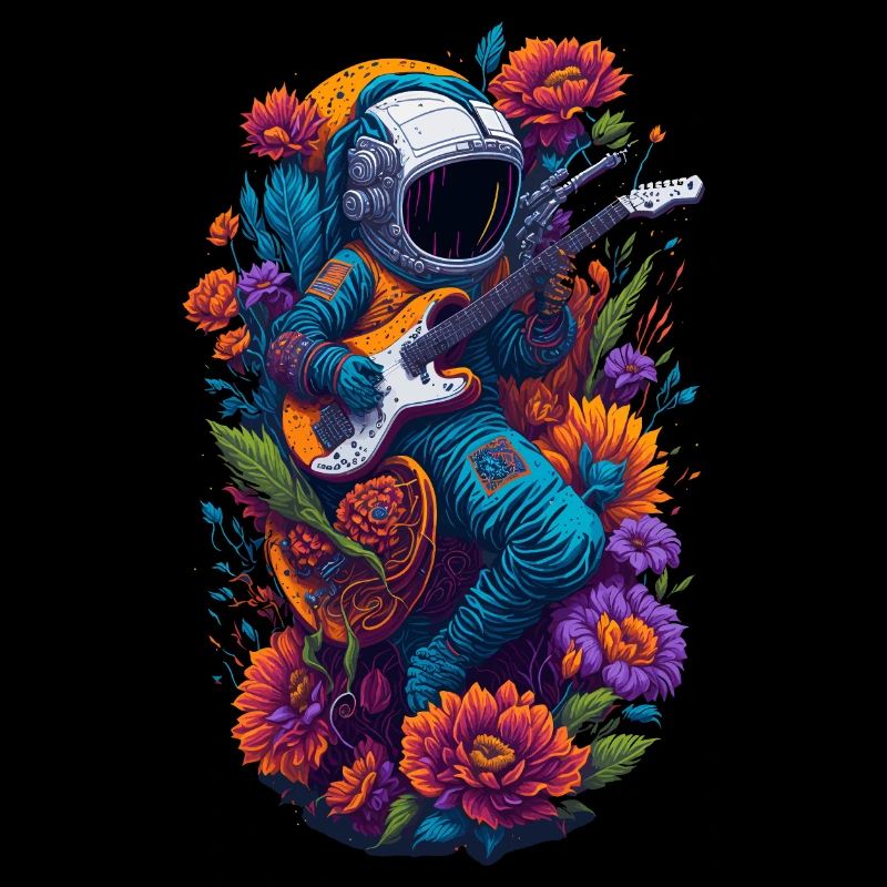 Astronaut mit E-Gitarre und Blumen Illustration