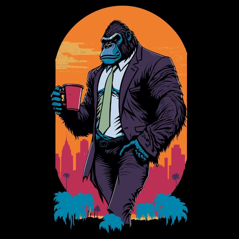 80's Illustration eines Gorillas mit Kaffeetasse