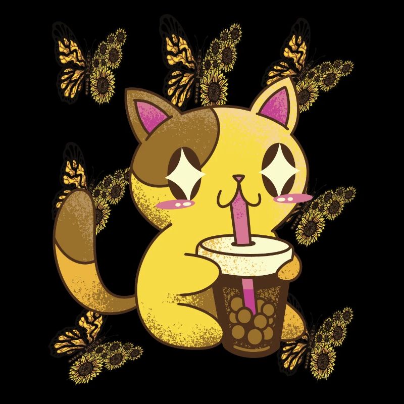 Nette Katze mit Sonnenblumen-Schmetterlings-Tee-Ka