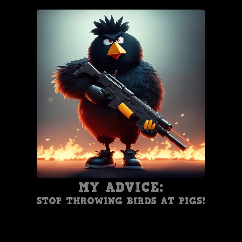 Angry black bird with an assault rifle