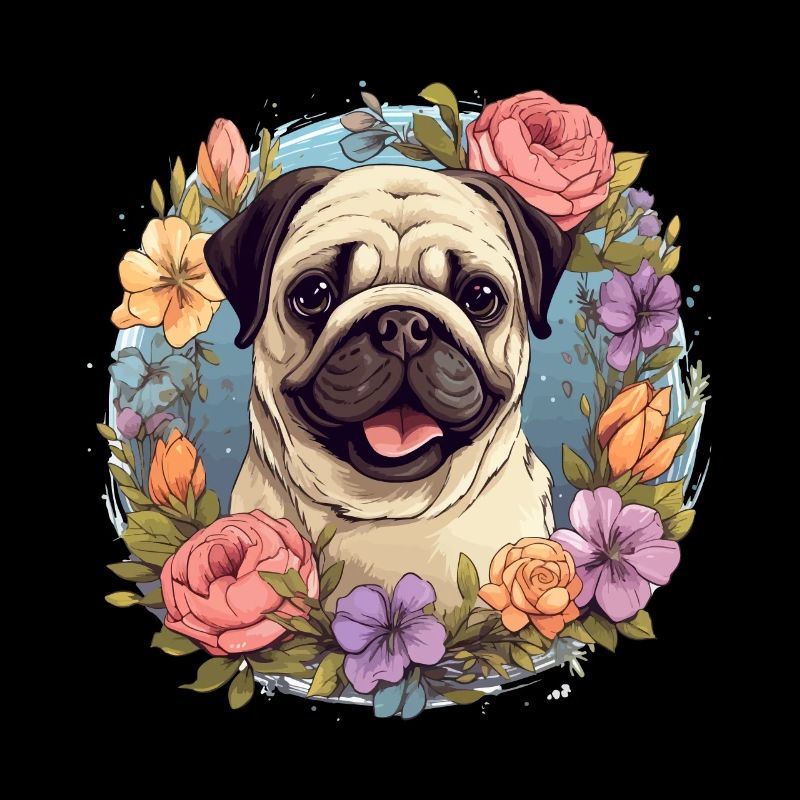 Pug Dog Breed Pet avec fleurs - graphique