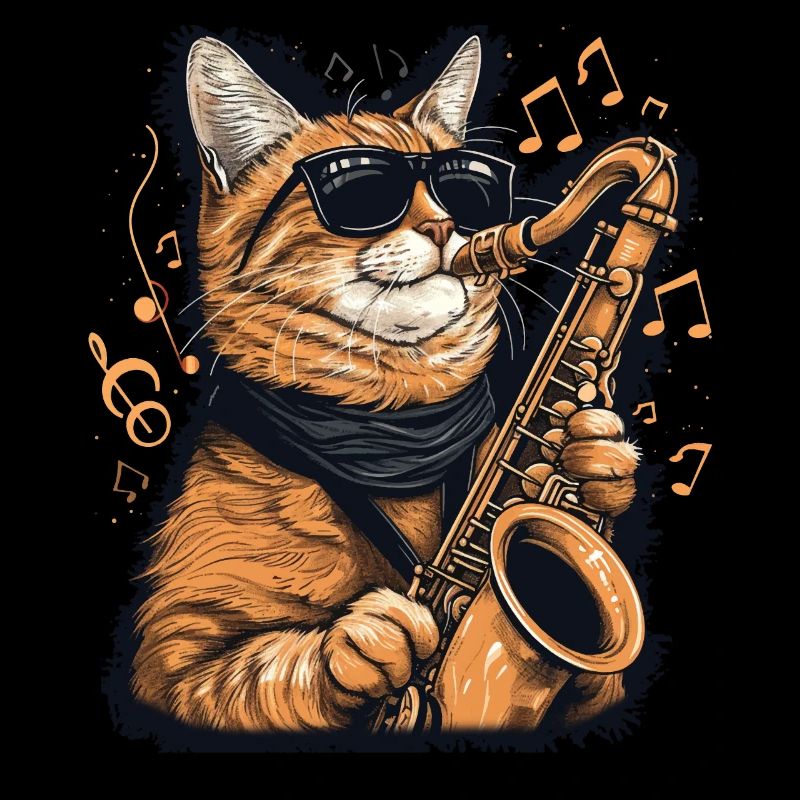 Funny Cat Playing Saxophone Music Notes Graphic