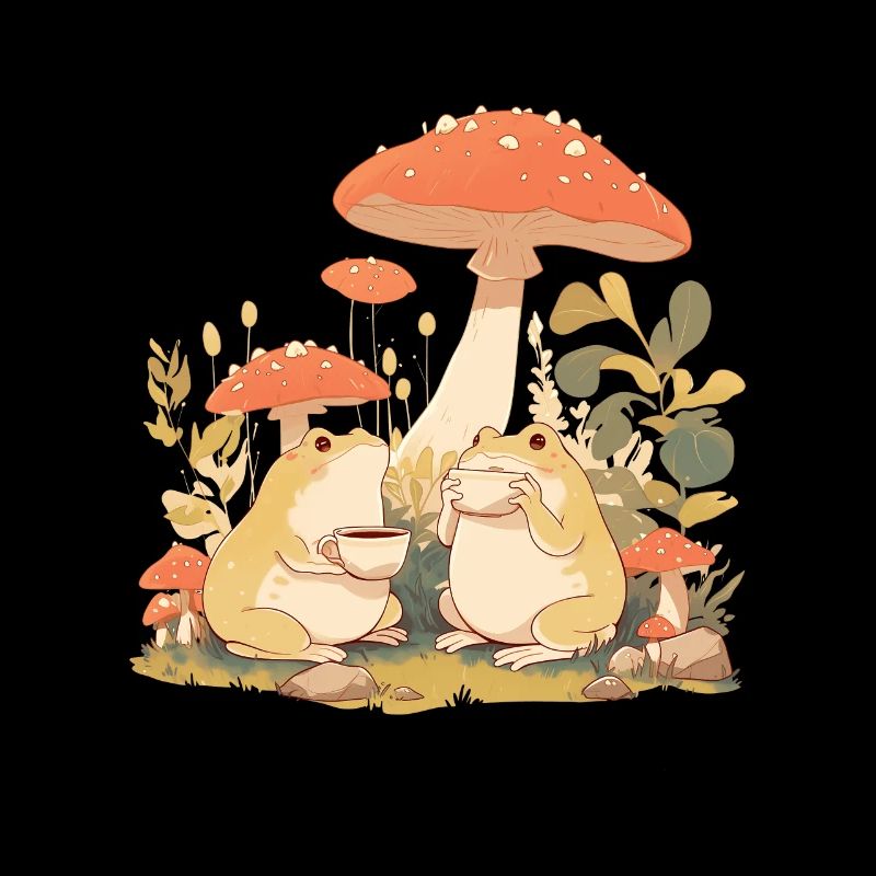 Grenouilles avec des fleurs de champignon à thé cottagecore