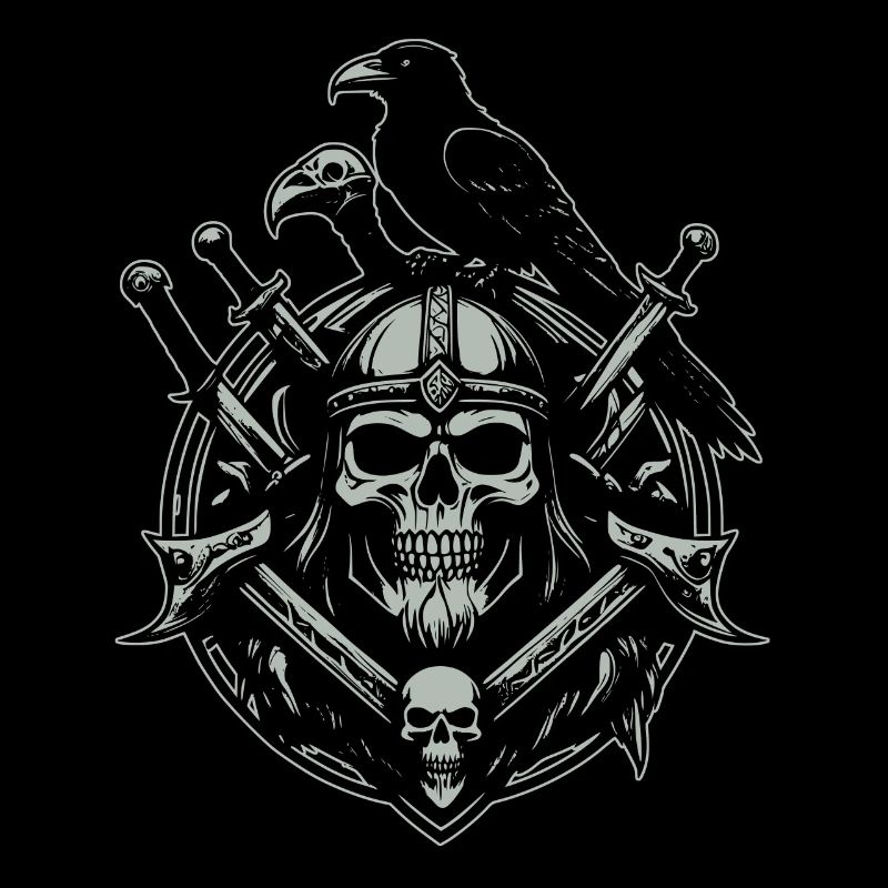 Wikingerportrait mit großem Raben und Schwerter