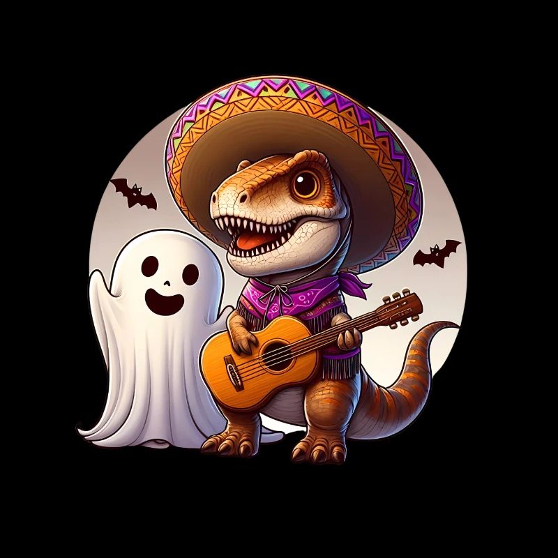 Cute T-rex and Ghost as Mariachi singers Halloween