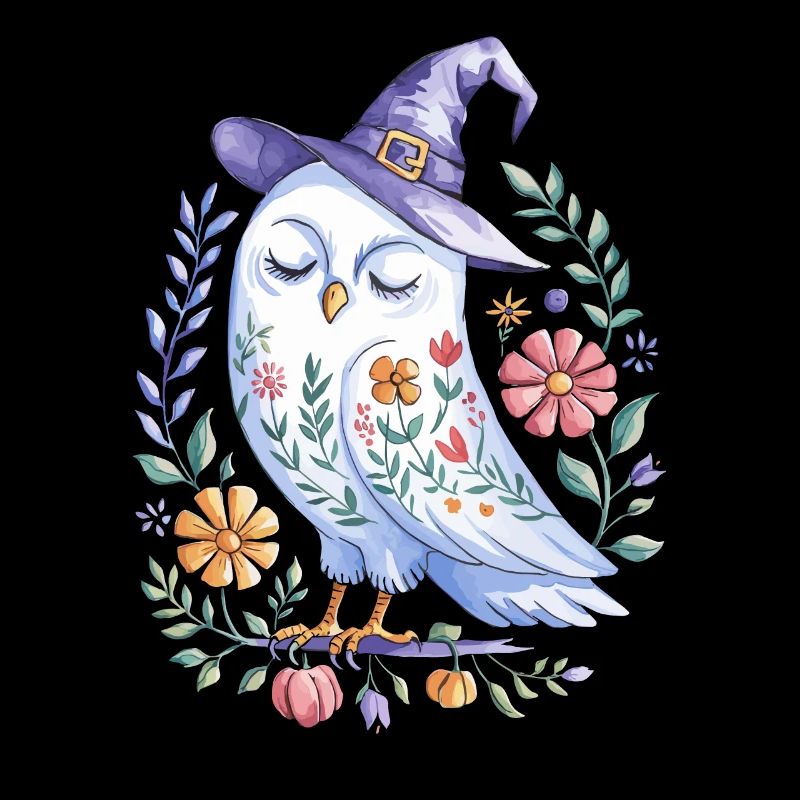 Chouette d'Halloween avec chapeau de sorcière et fleurs