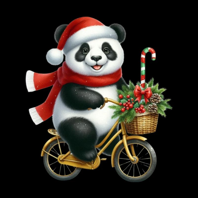 Panda de Noël à vélo avec écharpe et