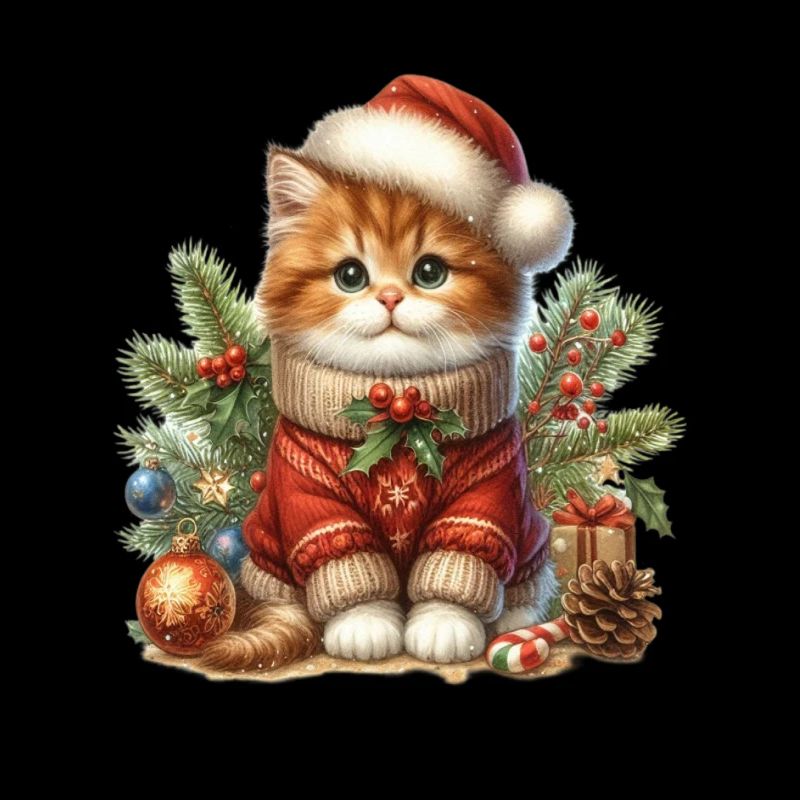 Chat de Noël avec pull tricoté et chapeau
