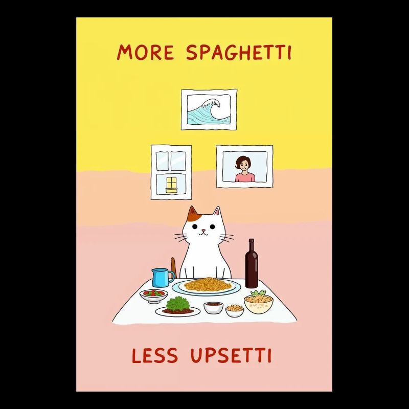 Drôle de chat disant plus de spaghettis moins d’upsetti