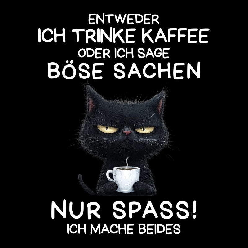 Schwarze Katze mit Kaffee und Todesblick
