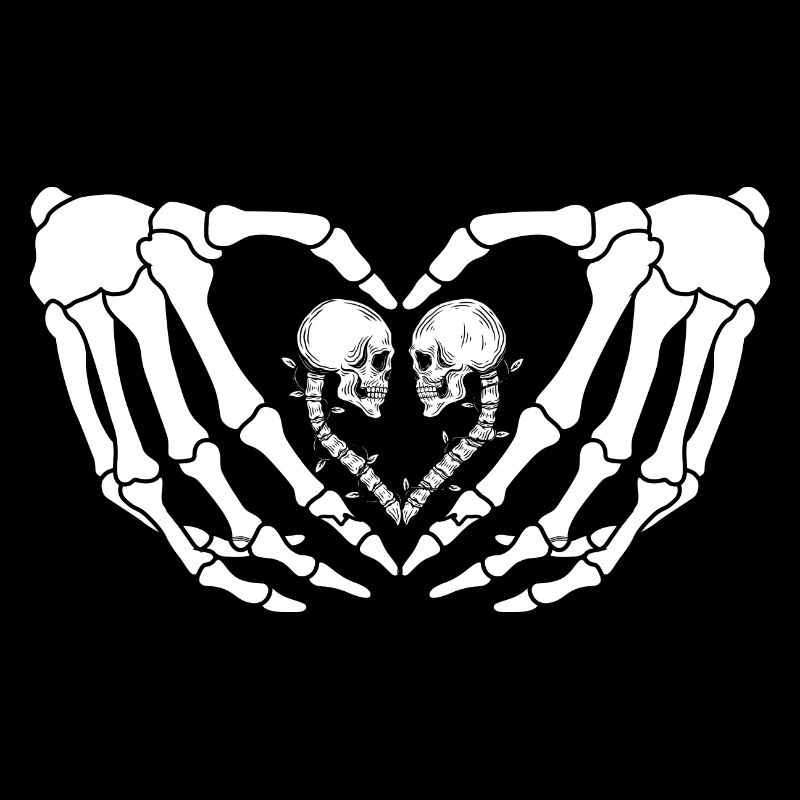 Skeletal lovers in skeleton hands in heart