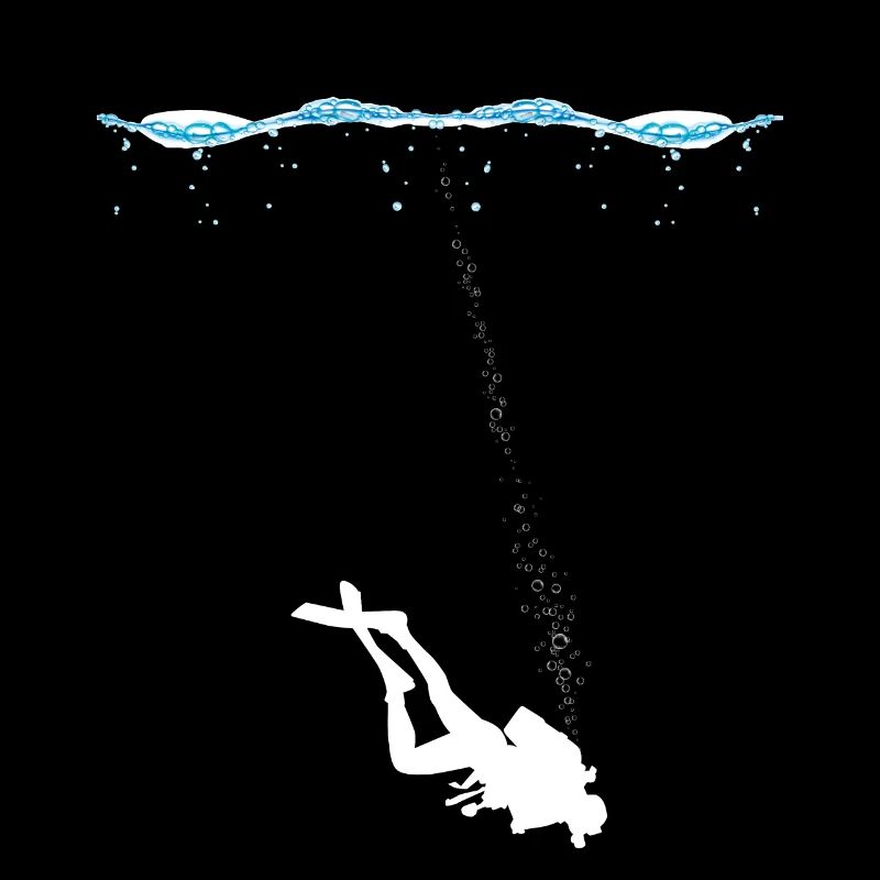 Scuba divers underwater with air bubbles