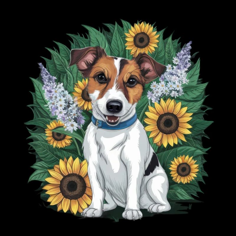 Süßer Jack Russel Terrier mit Sonnenblumen