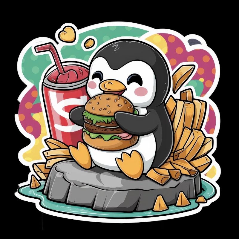 Pingouin avec boisson gazeuse, burger, frites