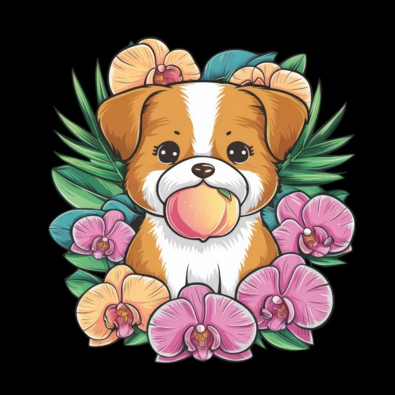 Chien de dessin animé kawaii avec pêche et orchidées