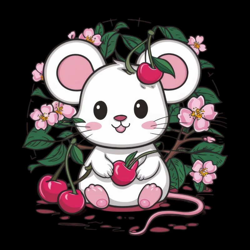 Mouse with cherries and sakura cherry blossoms